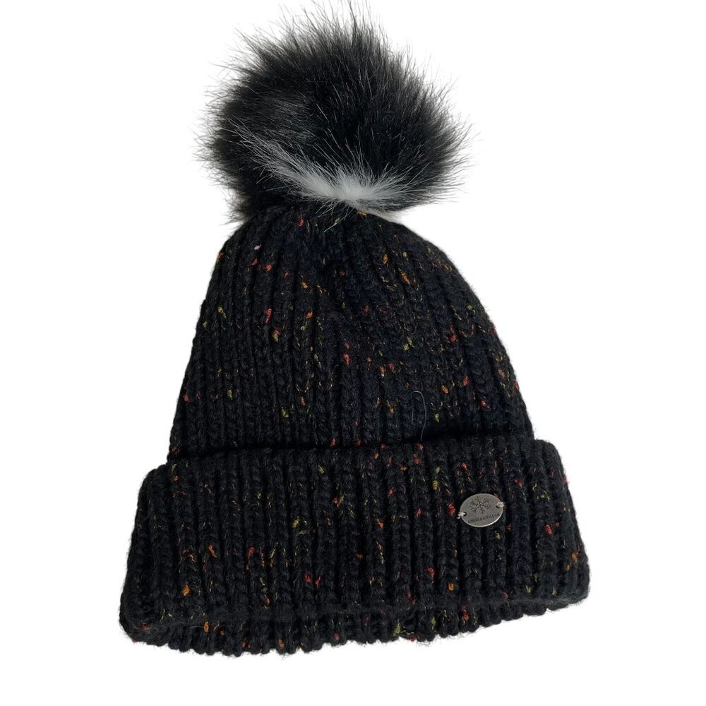 Angela & William Black Knit Beanie Faux Fur Pom Speckled Multicolor Accents